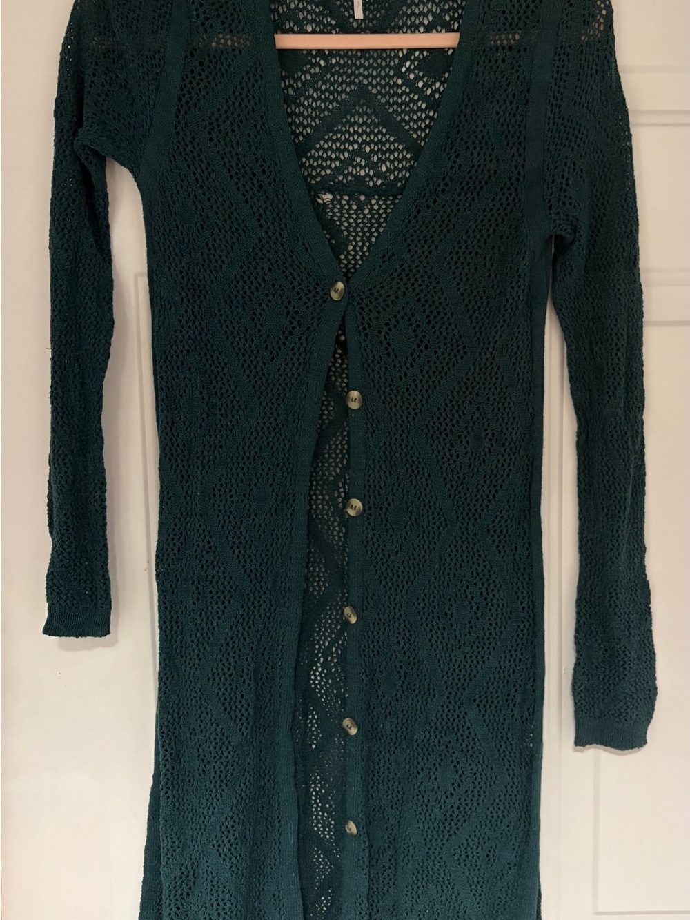 Free People Dark Teal Open-Knit Button-Front Cardigan